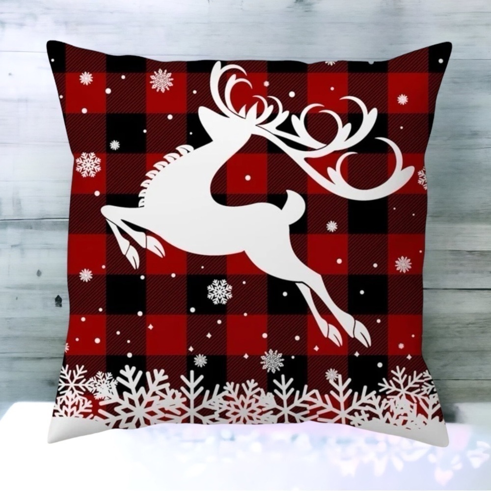 Pillow Cover Snowflake Deer Farmhouse Plaid Zippered Red Black Large 17.7 in